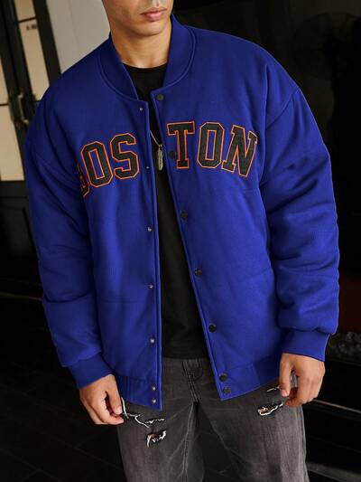 Men's Oversized Padded Coat With Letter Embroidery, Drop Shoulders And Baseball Collar