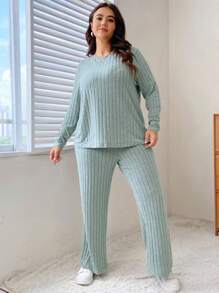 SHEIN LUNE Plus Ribbed Knit Tee & Pants - Mint Green - View 5