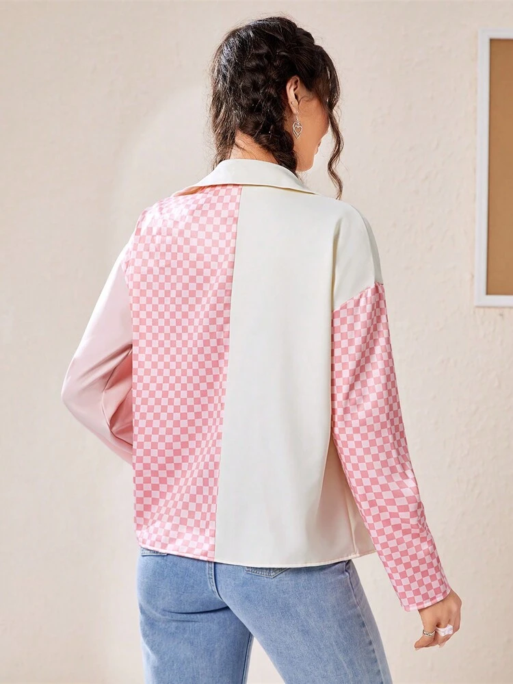 Plaid & Color Block Notched Collar Single Breasted Jacket