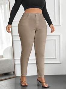 RueChic Plus Size High Waisted Skinny Jeans - Beige - View 5