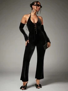 SHEIN BAE Lace Up Front Flare Leg Halter Jumpsuit With Arm Sleeves - Black - View 1