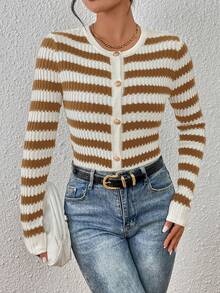 SHEIN Essnce Striped Pattern Button Front Cardigan - Brown - View 4