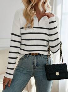 Aveloria Modichic Striped Pattern Quarter Zip Drop Shoulder Sweater - White - View 6