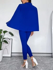 SHEIN Privé 斗篷袖青果領素色連身褲 - 藍色 - 查看 2