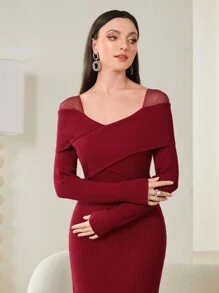 Modelyn Women's Solid Color Mesh Panel Cross Front Sweater Dress - Burgundy - View 1