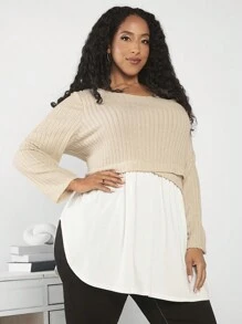 SHEIN CURVE+ 大碼雙色荷葉邊下擺T恤 - 卡其色 - 查看 1