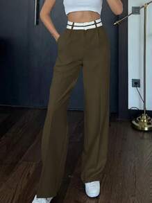 EURMUSE Contrast Waist Wide Leg Suit Pants - Dark Green - View 3