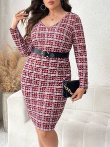 SHEIN Clasi Plus Plaid Print Bodycon Dress Without Belt - Multicolor - View 6