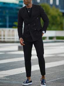 Manfinity Mode Men Striped Print Blazer & Suit Pants Set - Black - View 3
