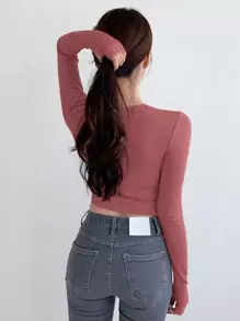 DAZY Camiseta corta de cuello redondo sólida, blusas de mujer de manga larga para otoño - Rosa Fucsia - Ver 2