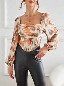 SHEIN Privé Tie Dye Vierkante hals Lantern mouwen Zakdoekzoom Tops