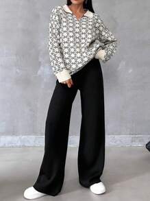 Cloudara Allover Pattern Drop Shoulder Sweater & Knit Pants - Black and White - View 1