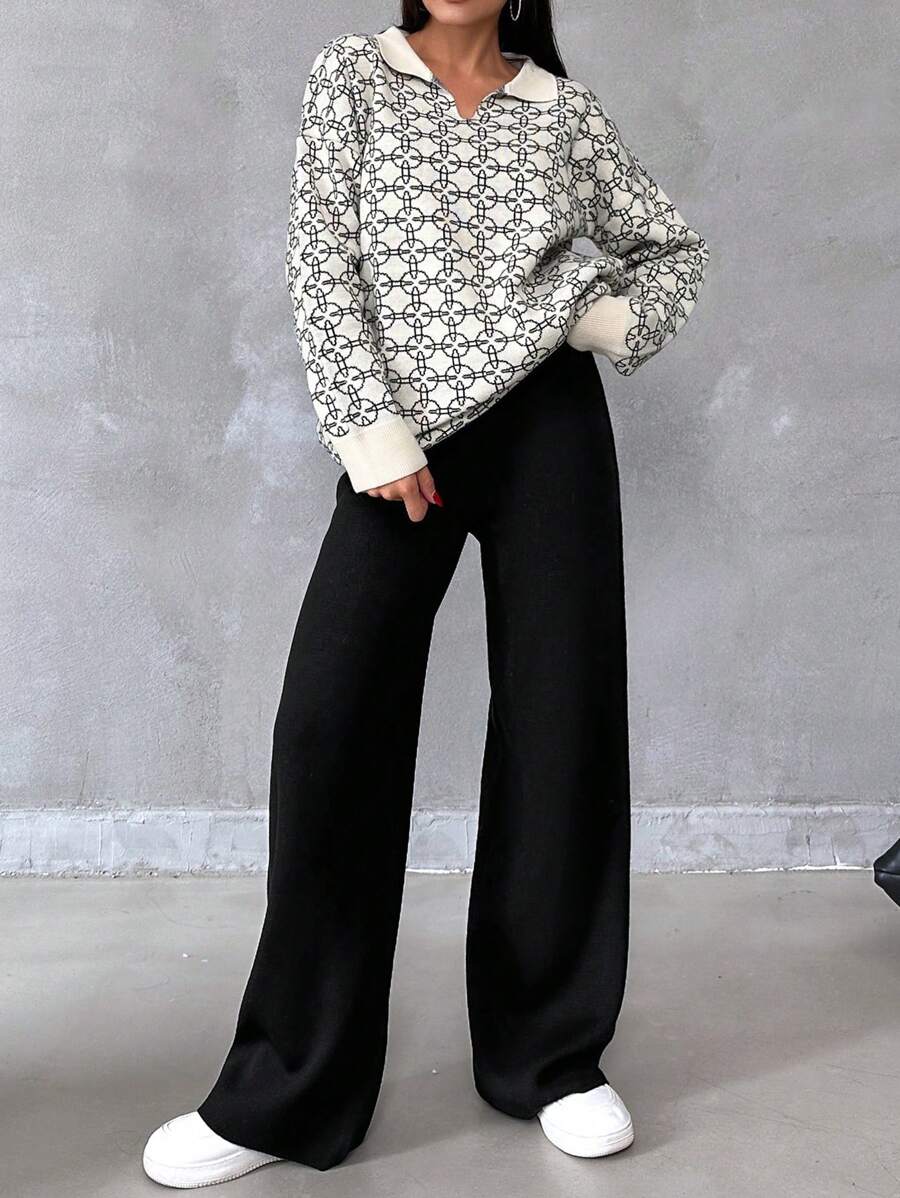 Cloudara Allover Pattern Drop Shoulder Sweater & Knit Pants - Black and White - View 1