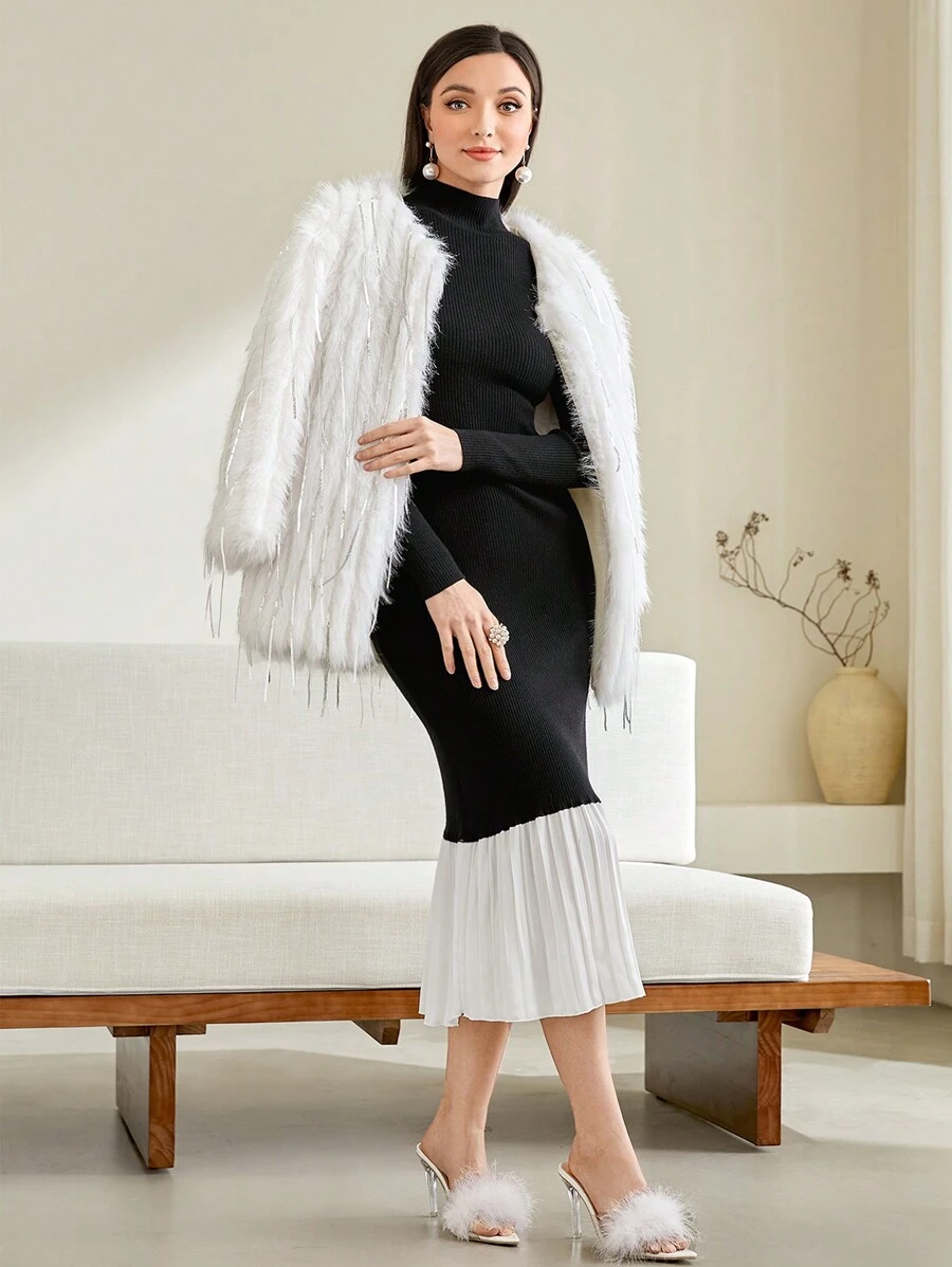 Modelyn Two Tone Pleated Hem Mock Neck Sweater Dress Without Belt - Black - View 1