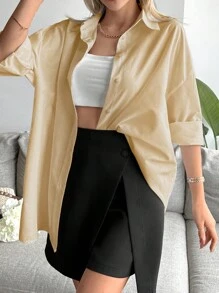 Cottnline 1pc Solid Drop Shoulder Button Front Shirt - Apricot - View 3