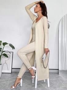 SHEIN Privé 素色吊帶彈力緊身連體褲&開門襟外套 - 杏色 - 查看 6