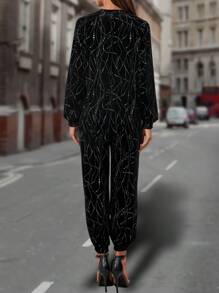 SHEIN LUNE Allover Print Velvet Sweatshirt & Sweatpants - Black - View 3