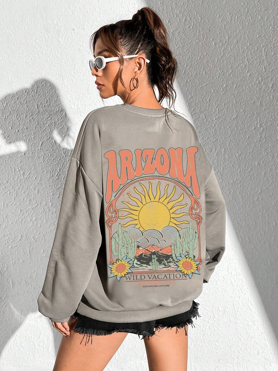 SHEIN EZwear 女士復古仙人掌印花圓領運動衫，適合秋冬穿著 - 深灰色 - 查看 1