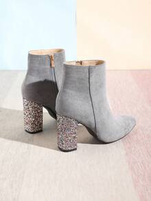 Timesize Women's Simple And Fashionable Chunky Heel Short Boot With Random Glitter Color - Grey - View 7