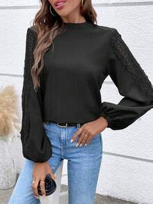 Chiquease 拼接水溶蕾絲後紐扣燈籠袖襯衫 - 黑色 - 查看 6