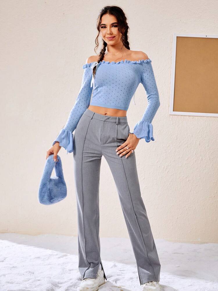 Off Shoulder Frill Trim Flare Sleeve Crop Sweater