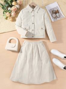 SHEIN Set de 2 bucăți/set pentru fete adolescente, jachetă și fustă din velur țesut, pentru toamnă - Caisă - Vizualizare 1