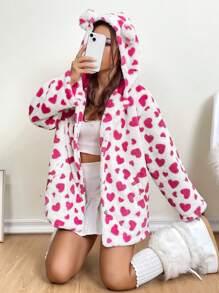 SHEIN EZwear Vrouwen Jas met capuchon Met Hart Geprint Patroon