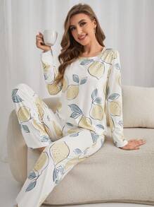 Lemon Print Tee & Pants PJ Set / Pajama Set White Set, Fall Winter Clothes - White - View 4