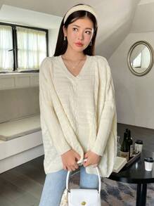 SHEIN Unity Jersey de punto de cable sólido para otoño e invierno - Albaricoque - Ver 3