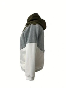 Plus Size Women Long Sleeve Drawstring Color Block Hooded Sweatshirt - Army Green - View 3