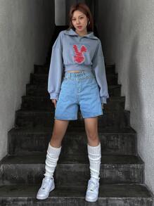 Dazy Designer Letter & Cartoon Graphic Drop Shoulder Crop Sweatshirt,Fall Clothes - Blue - View 5