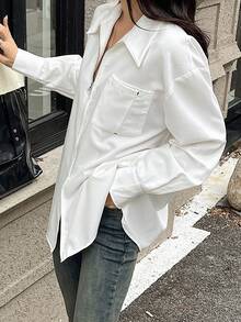 DAZY Thả vai Dây kéo phía trước Vá Túi Áo sơ mi - trắng - Xem 5