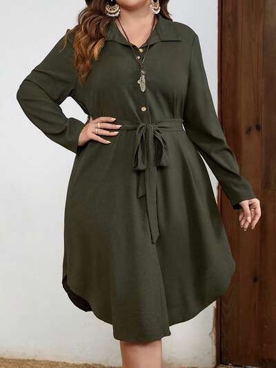 Plus Button Front Belted Shirt Dress,Spring/Summer/Vacation