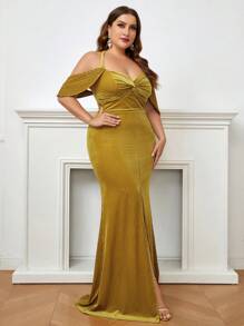 SHEIN Belle Plus Cold Shoulder Twist Front Split Thigh Bridesmaid Dress - Gold - View 6
