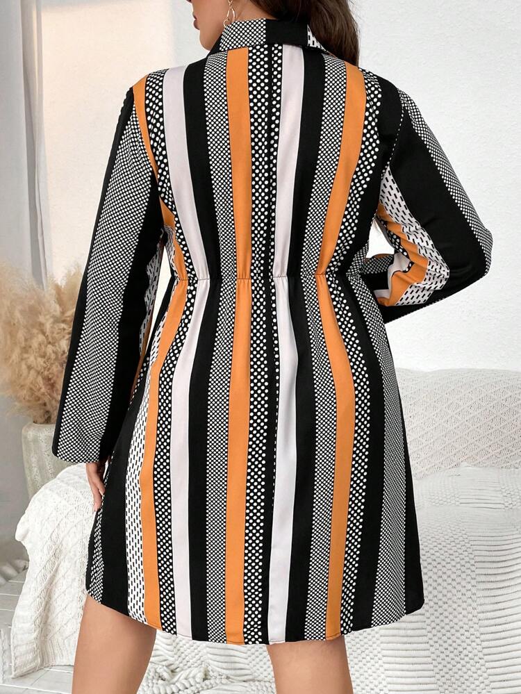 Plus Size Striped & Polka Dot Print Roll Tab Sleeve Shirt Dress