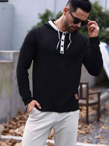 Manfinity Homme Men Contrast Trim Button Detail Hooded Sweater - Black - View 1