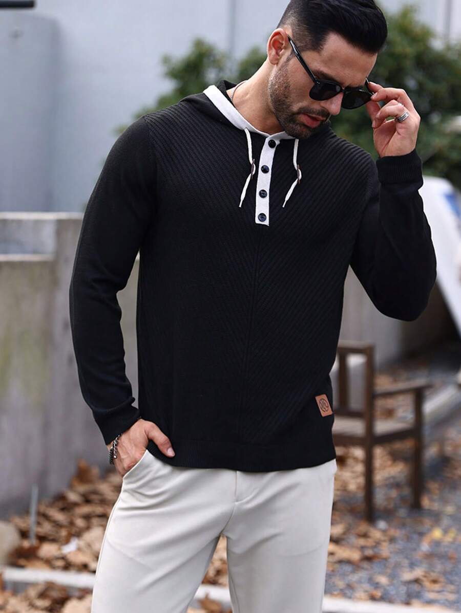 Manfinity Homme Men Contrast Trim Button Detail Hooded Sweater - Black - View 1