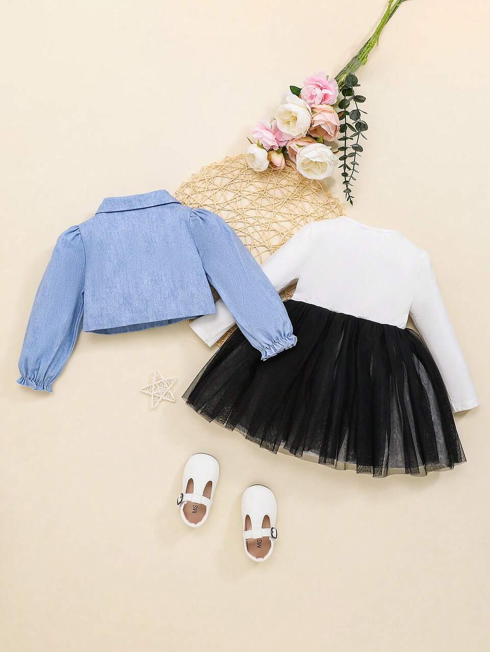 Baby Girl Denim Puff Sleeve Jacket And Color Block Mesh Dress Set
