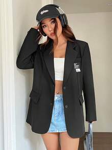 SHEIN EZwear Chi tiết Patched thư Ngực đơn Áo vest - màu đen - Xem 7