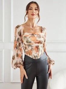 SHEIN Privé Tie Dye Vierkante hals Lantern mouwen Zakdoekzoom Tops