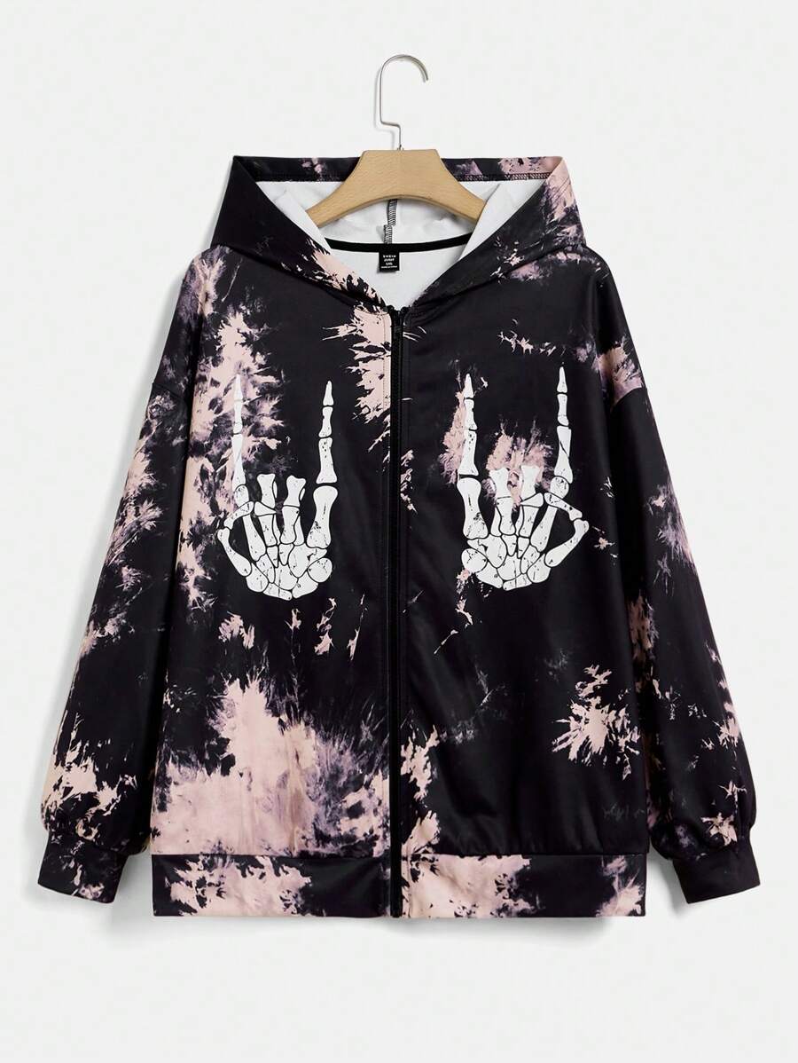 SHEIN EZwear 加大码扎染骷髅手印花落肩卫衣 - 彩色 - 查看 1