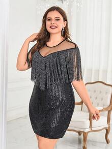 大碼流蘇邊網紗拼接亮片緊身洋裝 - 黑色 - 查看 3