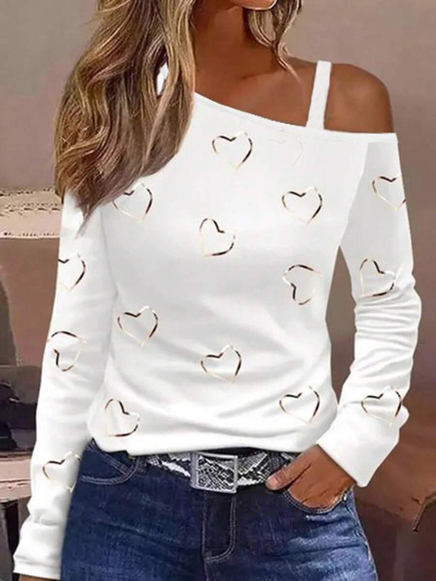 Heart Print Asymmetrical Neck Tee - White - View 1