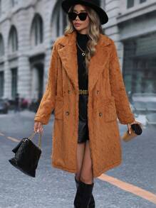 SHEIN LUNE Double Breasted Drop Shoulder Pocket Patched Flannel Coat - Brown - View 6