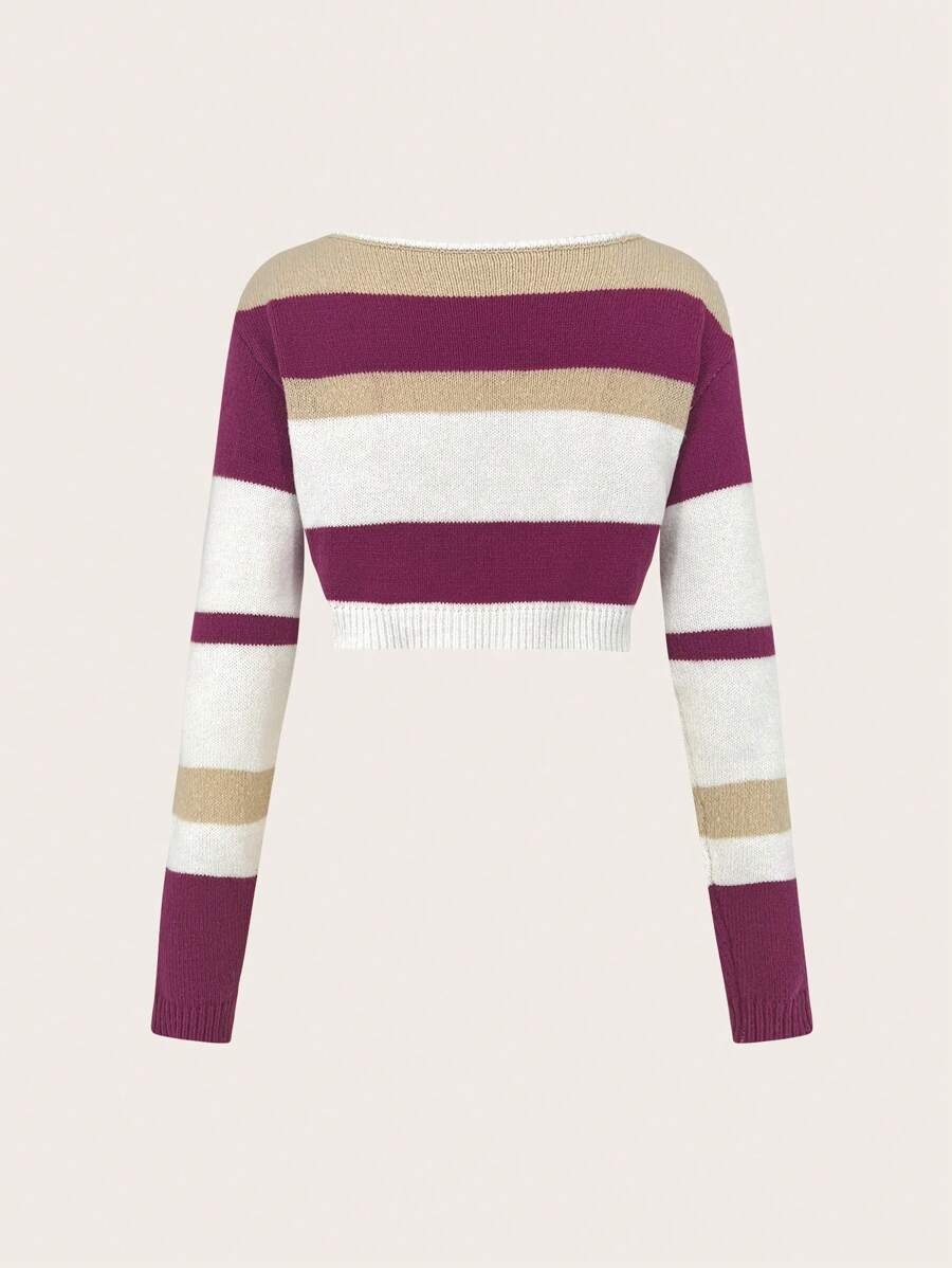SHEIN EZwear كنزة صوف قصير نمط مخطط - لون مشمشي - مشاهدة 1