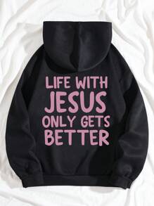 SHEIN EZwear Slogan Graphic Drop Shoulder Drawstring Hoodie - Black - View 5