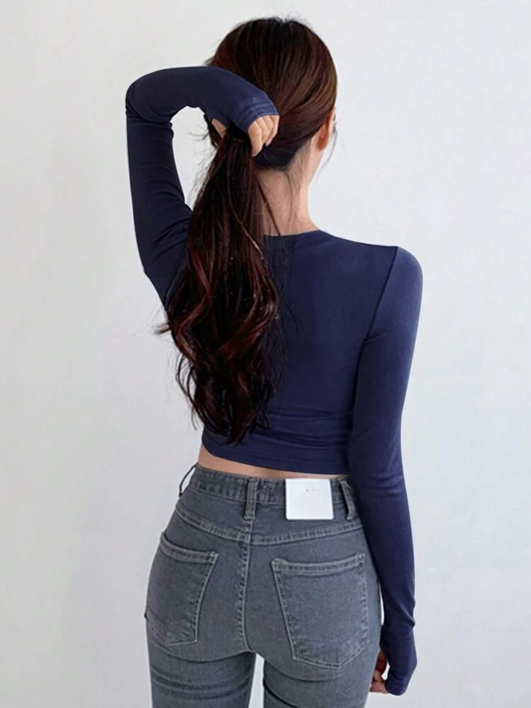Solid Crop Tee,Fall Clothes Preppy Tops Long Sleeve Women Tops