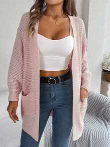 1入組雙口袋落肩袖開襟開衫 - 粉色 - 查看 5