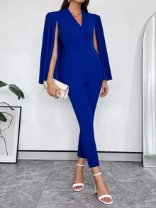 SHEIN Privé 斗篷袖青果領素色連身褲 - 藍色 - 查看 3