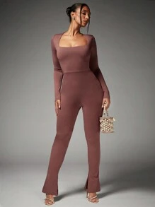 SHEIN BAE Của phụ nữ Độ co giãn Cao Cổ vuông Mở Lưng Xoắn Thiết kế Thon gọn Áo liền quần Với Viền mép - màu nâu - Xem 4